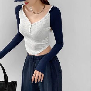 Urban Outfitters Navy and White Long Sleeve Tee